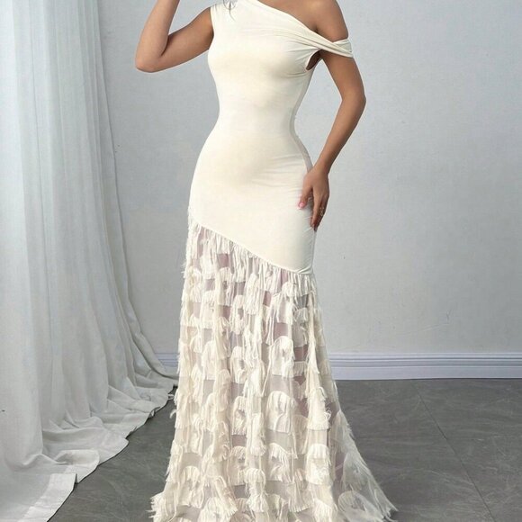 Apricot Elegant Women's Twist Shoulder Slim Fit Bodycon Fish Tail Jacquard Dress - Picture 5 of 8